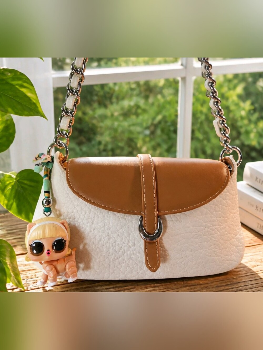Royal Cuir White Tan Two Tone Chain Shoulder Bag Purse